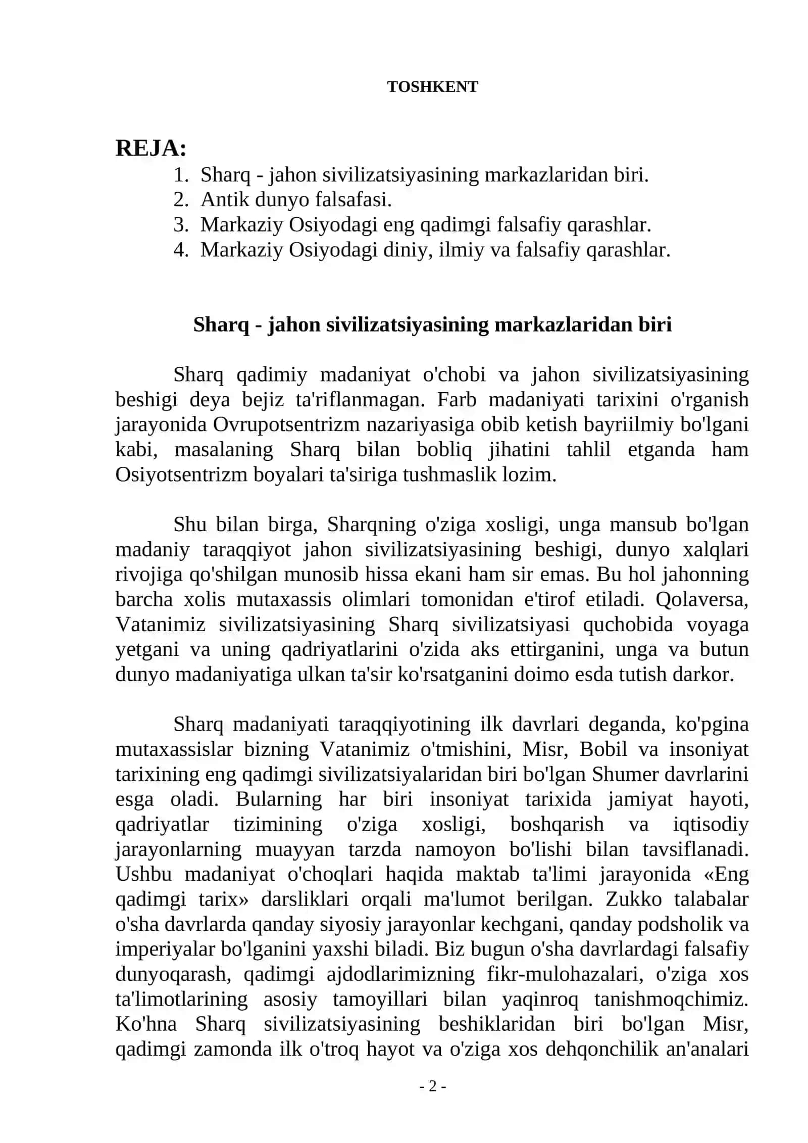 “QADIMGI SHARQ VA ANTIK DUNYO FALSAFASI. MARKAZIY OSIYODAGI FALSAFIY QARASHLAR” 2