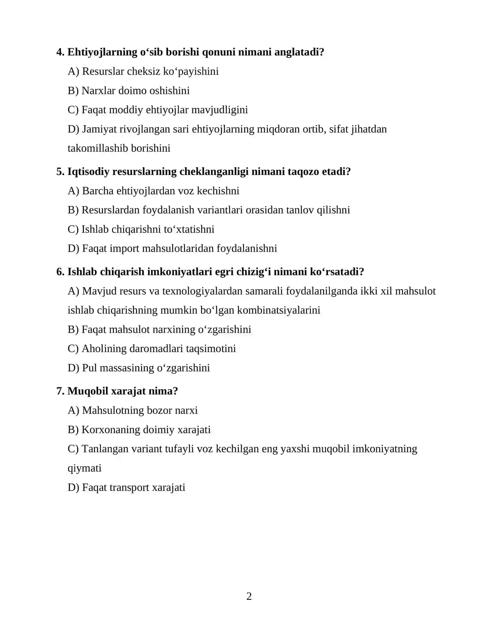 IQTISODIYOT NAZARIYASI FANIDAN OTM 1-KURS UCHUN 100 TA TEST 2