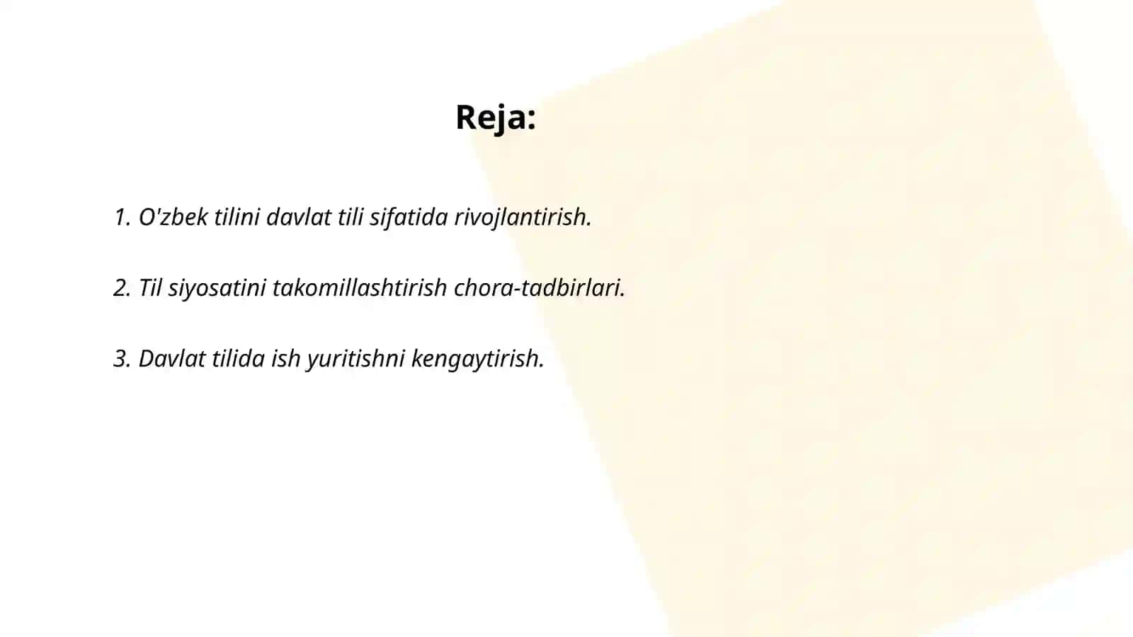 Mamlakatimizda o'zbek tilini yanada rivojlantirish va til siyosatini takomillashtirish chora tadbirlar 2