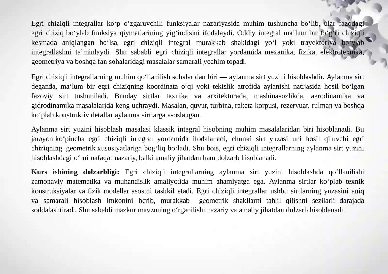 "EGRI CHIZIQLI INTEGRALLARNING AYLANMA SIRT YUZINI HISOBLASHGA QO‘LLANILISHI " 2