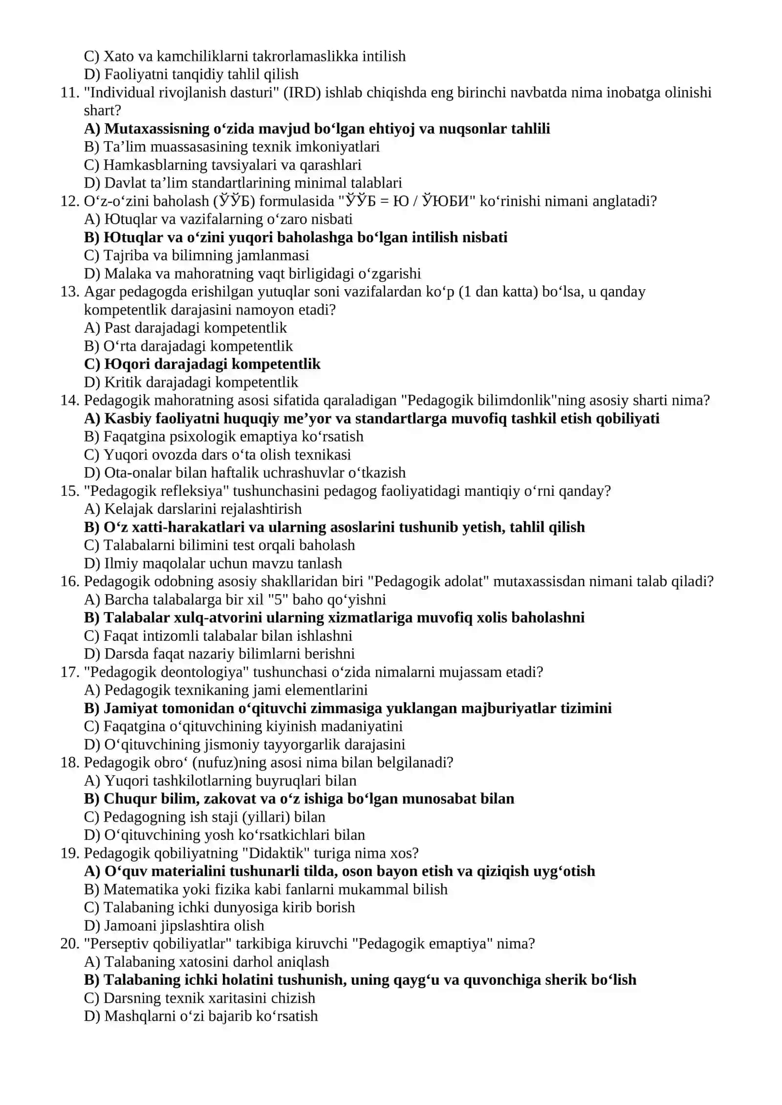 Toifa Attestatsiyasi uchun Pedagogik kompetentlik va kreativlik asoslari bo‘yicha mantiqiy-tahliliy testlar banki (Javoblari bilan.) 2