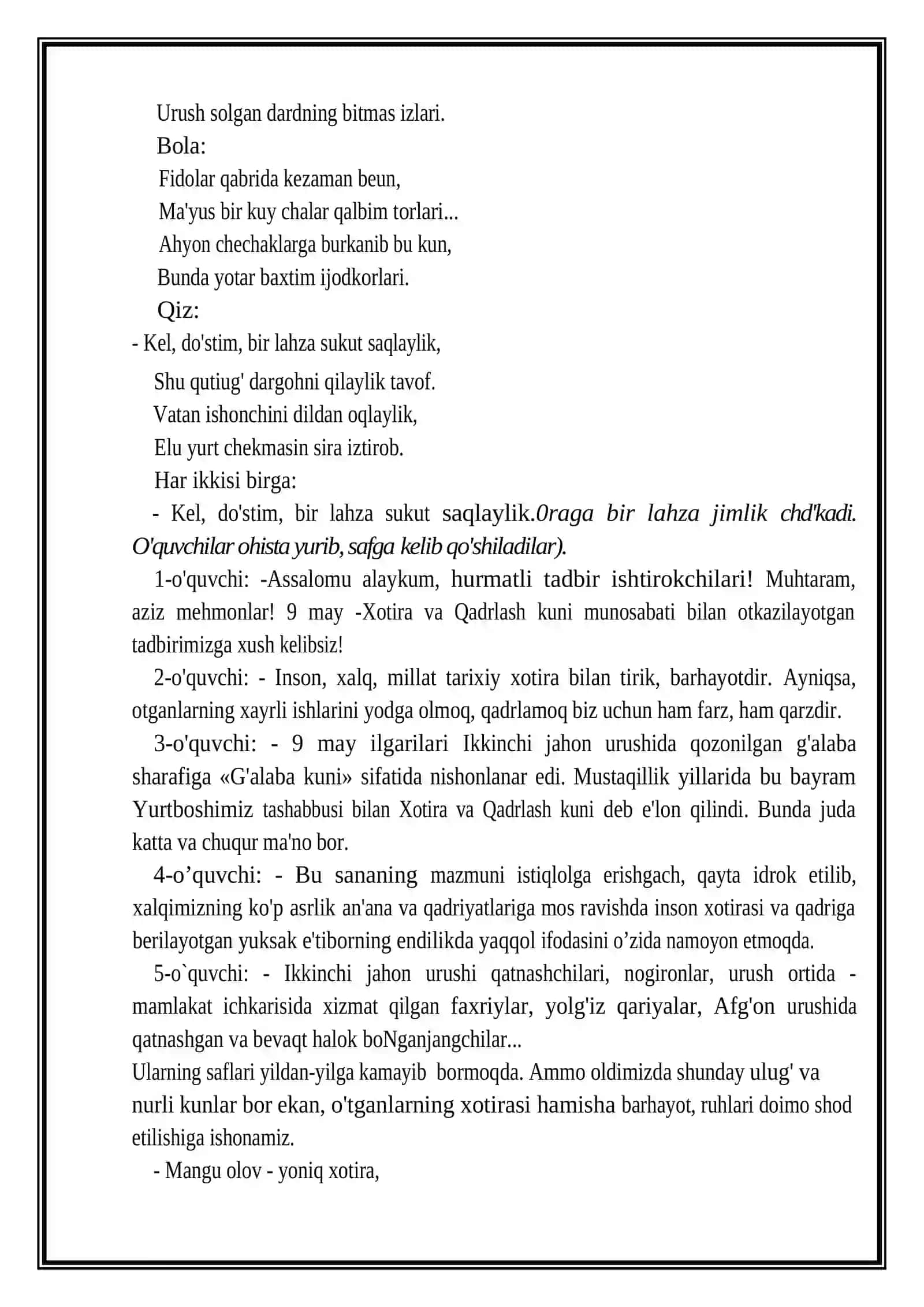 9-may “Xotira va Qadrlash kuni” 2