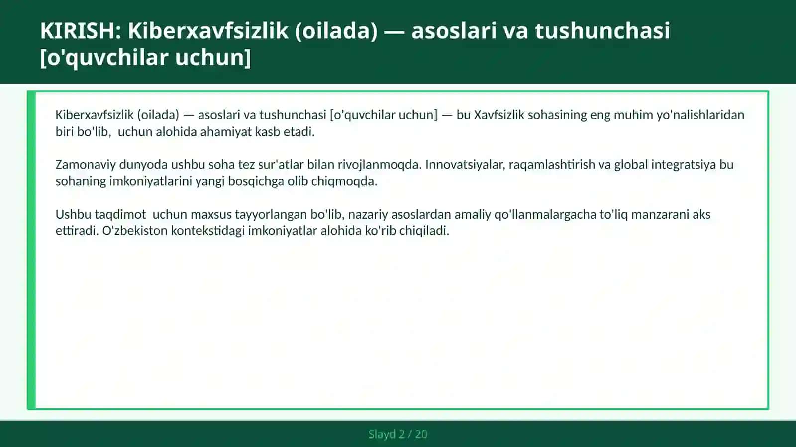 KIBERXAVFSIZLIK (OILADA) — ASOSLARI VA TUSHUNCHASI [O'QUVCHILAR UCHUN] 2