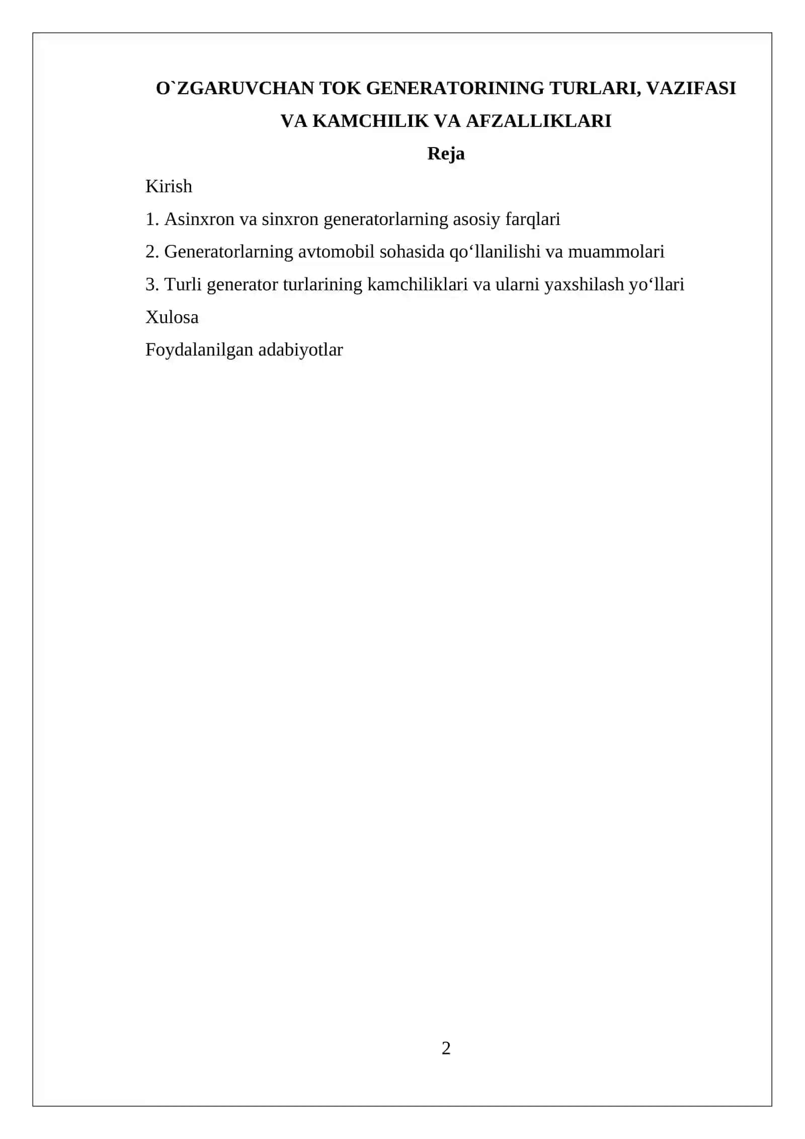 O`ZGARUVCHAN TOK GENERATORINING TURLARI, VAZIFASI VA KAMCHILIK VA AFZALLIKLARI 2