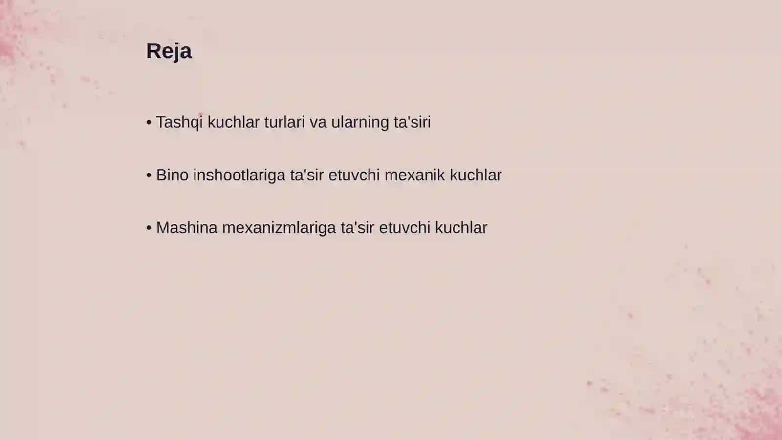 Bino inshoot va mashina mexanizm konstruksiya elementlariga ta‘sir etuvchi tashqi kuchlarning klassifikatsiyasi 2