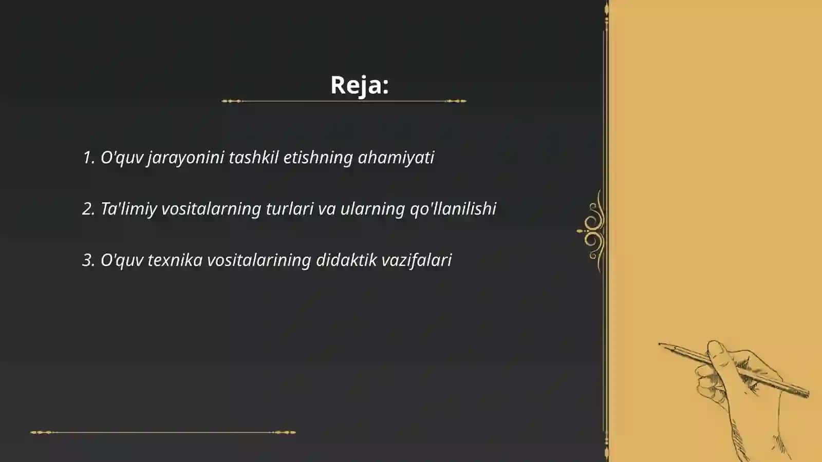 Taʼlimiy vositalar. Oʻquv texnika vositalari. Darsni tashkil qilishga tayyorgarlik, bir soatlik dars reja konspektini tayyorlash 2