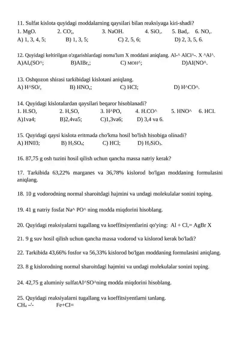 Kimyo test 7 – sinf IV chorak 2