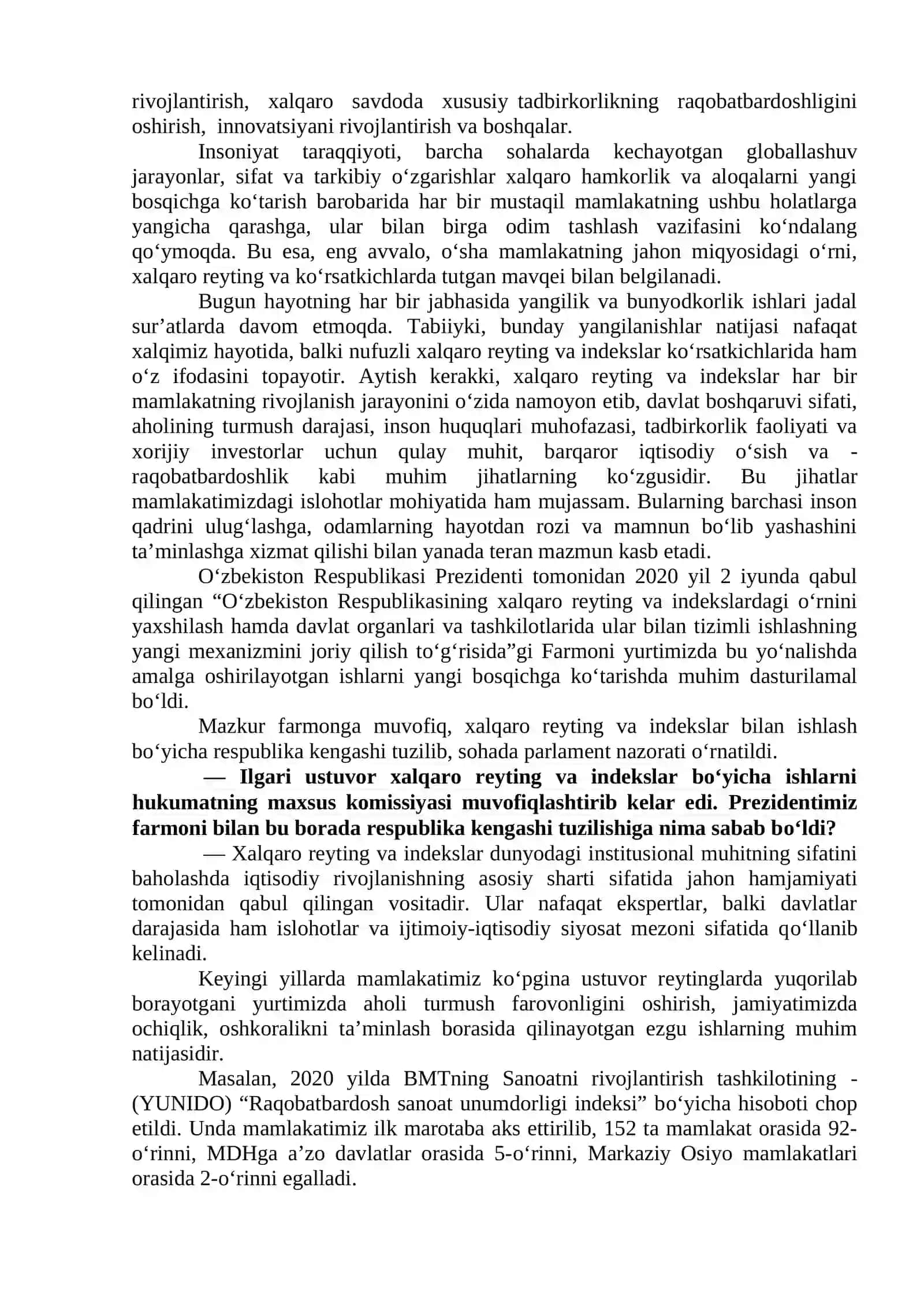 О‘zbekiston Respublikasining xalqaro reyting va indekslardagi о‘rni va nufuzini ortib borishi 2