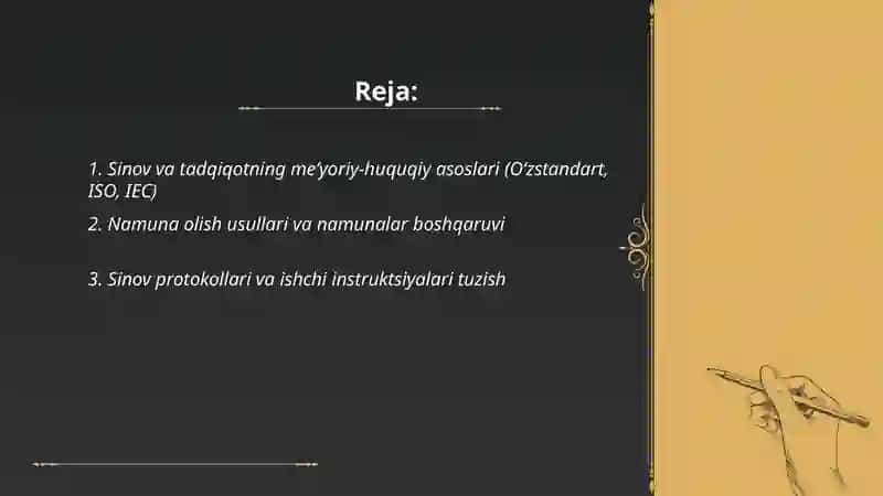 Sinov va tadqiqotning meʼyoriy-huquqiy asoslari (O‘zstandart, ISO, IEC) 2