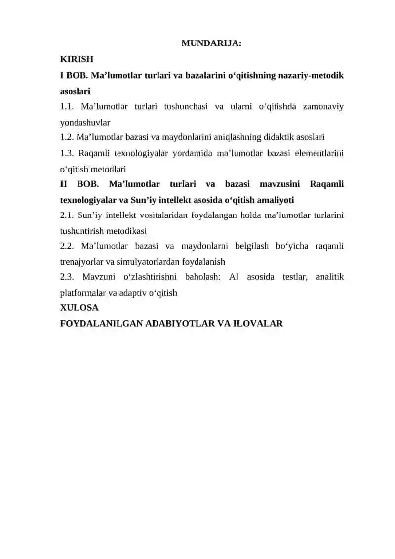Ma’lumotlar turlari va bazasi, maydonlarni aniqlash” mavzusini o‘qitish metodikasi 2