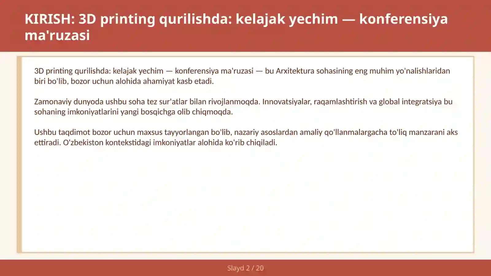 3D printing qurilishda: kelajak yechim — konferensiya ma'ruzasi 2