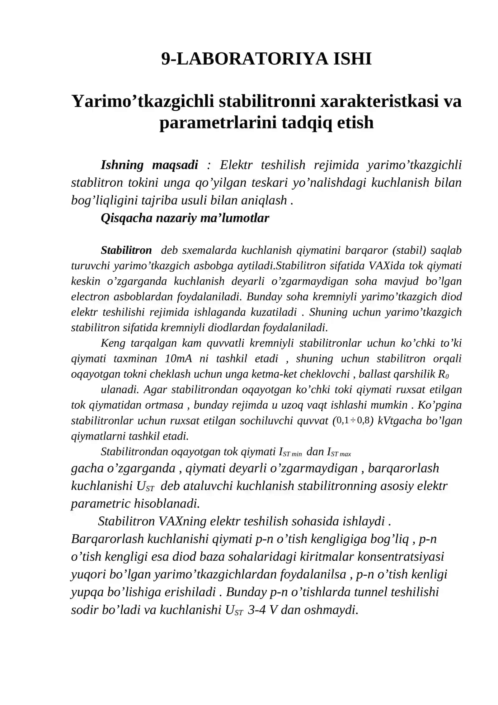 Yarimo’tkazgichli stablitronni xarakteristkasi va parametrlarini tadqiq etish 2