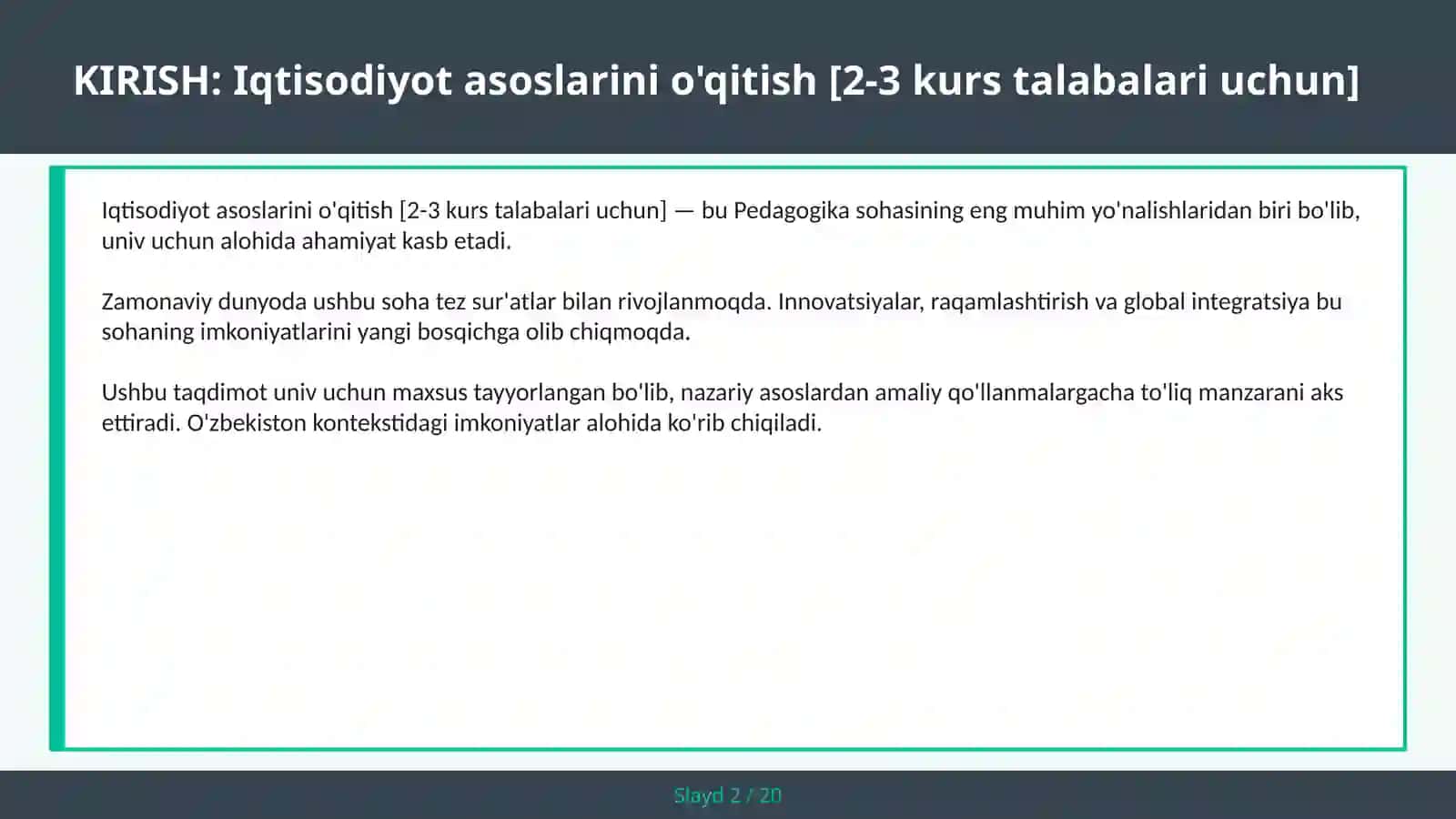 Iqtisodiyot asoslarini o'qitish [2-3 kurs talabalari uchun] 2