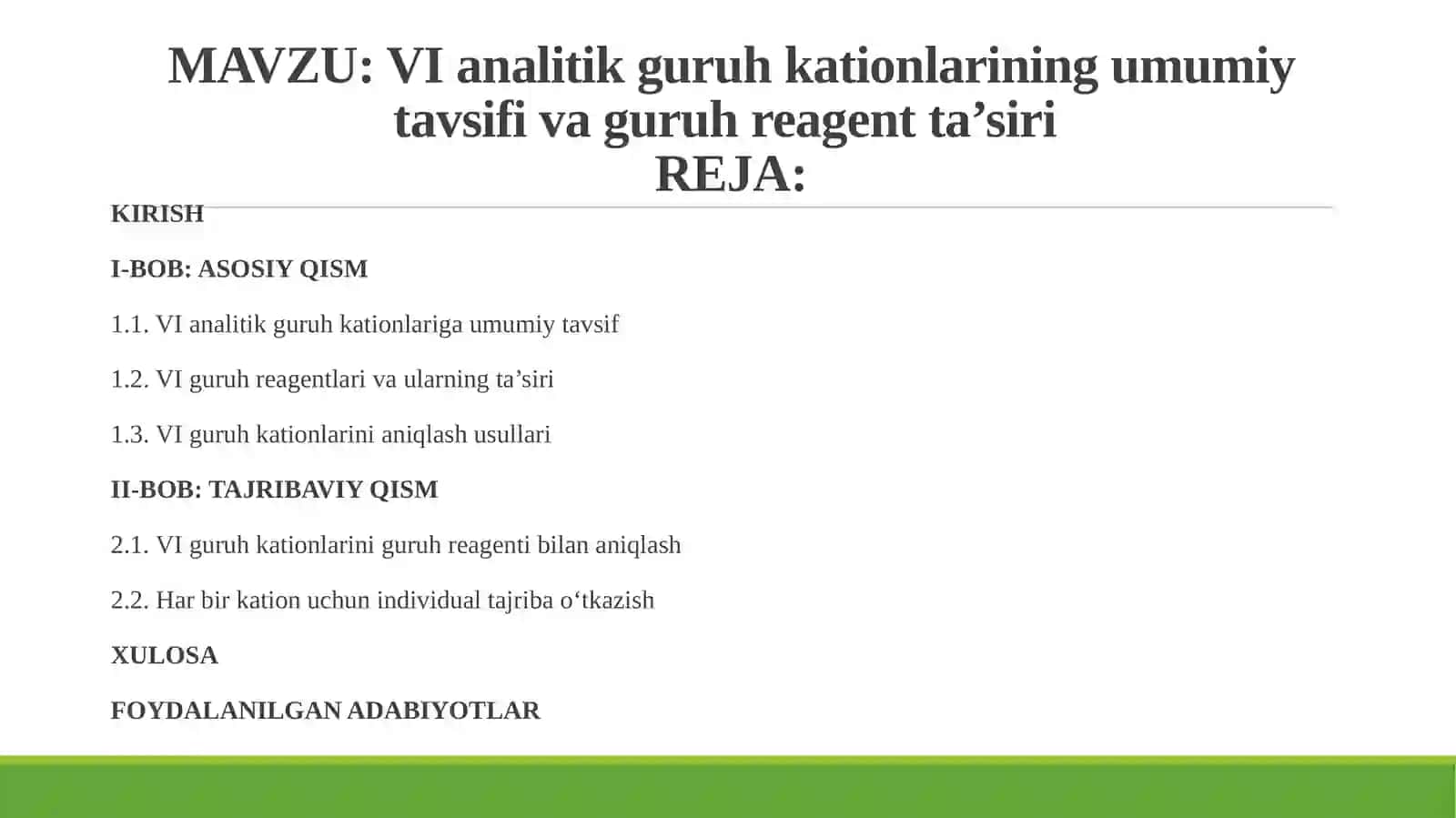 VI analitik guruh kationlarining umumiy tavsifi va guruh reagent ta'siri 2
