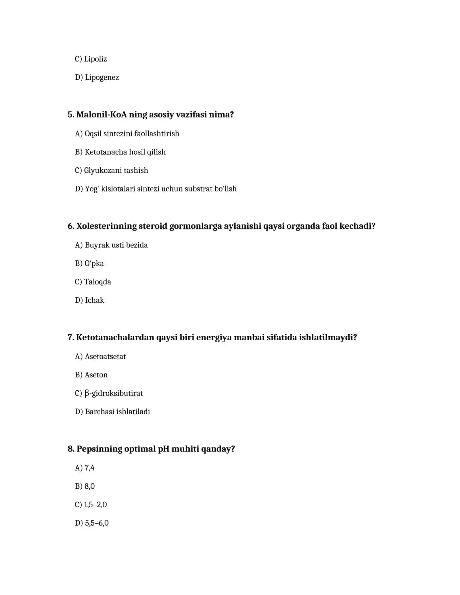 Biokimyo: metabolizm va fermentlar testi 2