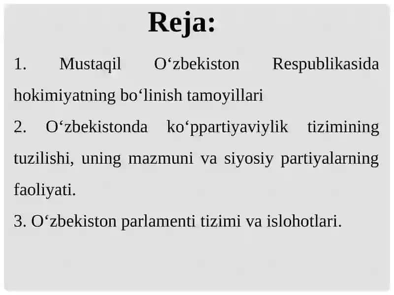 O‘ZBEKISTONDA DEMOKRATIK, FUQAROLIK JAMIYATI ASOSLARINING SHAKLLANISHI, AMALGA OSHIRILGAN SIYOSIY ISLOHOTLAR 2