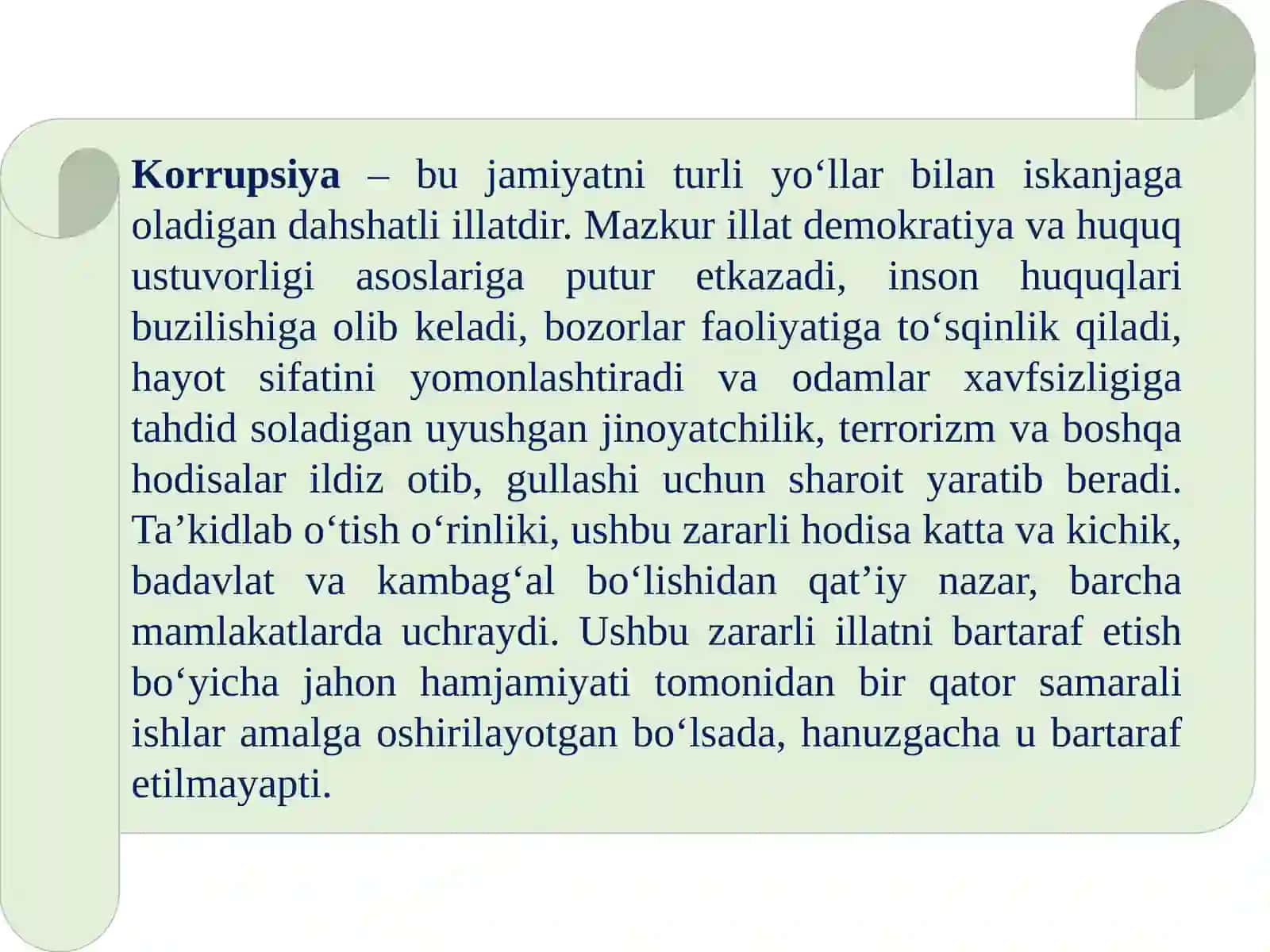 KORRUPSIYAGA QARSHI KURASHNING JAHON TAJRIBASI. OʻZBEKISTONNING KORRUPSIYAGA QARSHI KURASH SIYOSATI. 2