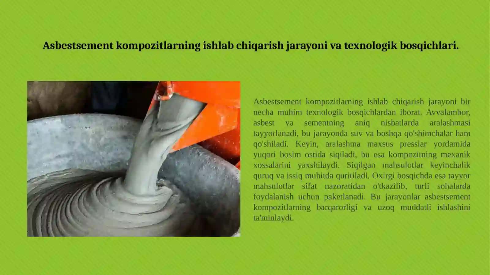 Asbestsement kompozitlar ishlab chiqarish texnologiyasi, xossalari va ishlatilish sohalari 2