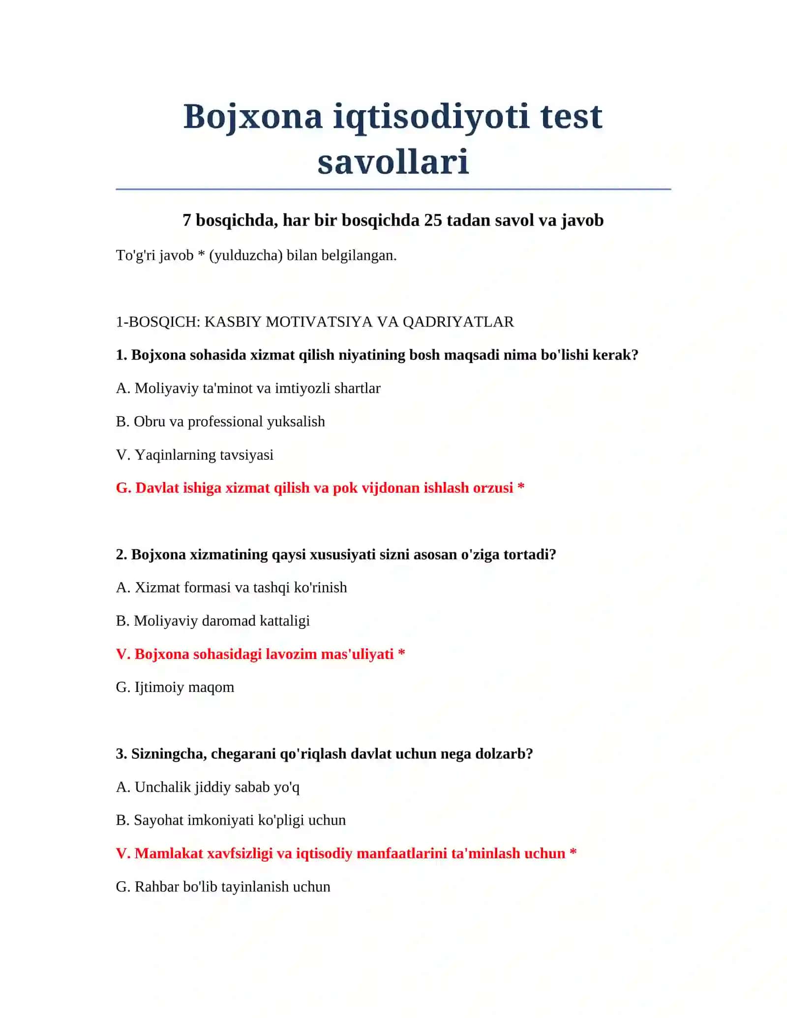 Bojxona iqtisodiyoti test savollari 2