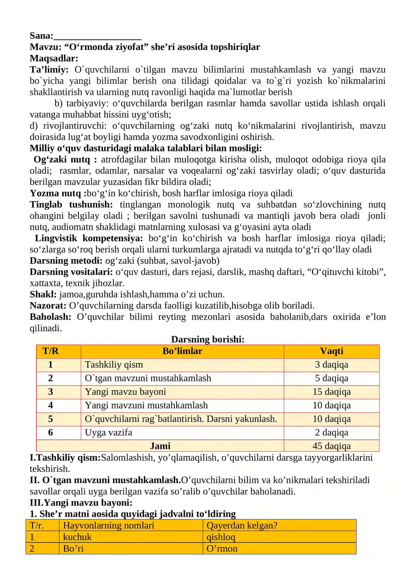 3-sinf Ona tili va o'qish savodxonligi fanidan O'rmonda ziyofat she'ri asosida topshiriqlar 2