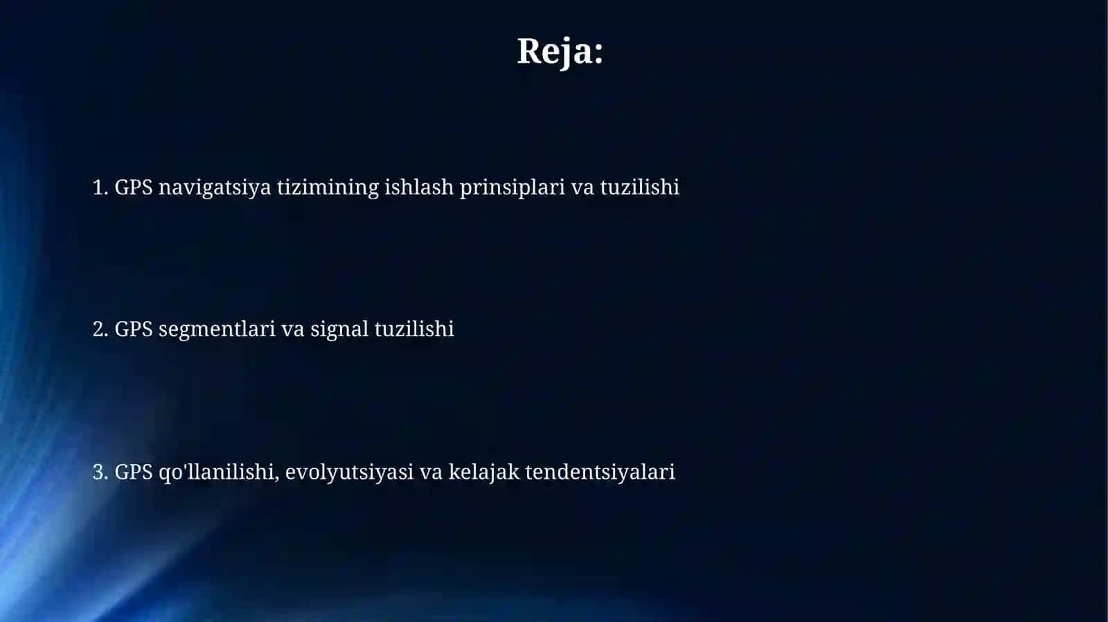 GPS navigatsiya tizimi:ishlash tamoyillari, segment tuzilishi vaqo'llanilishsohalari 2