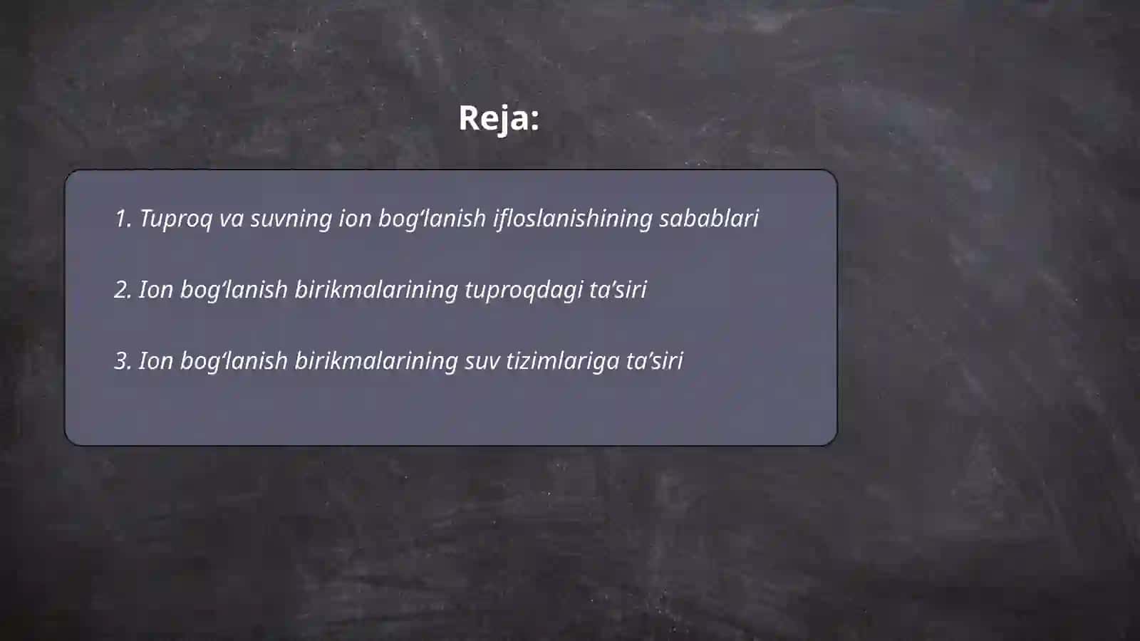 Tuproq suvning ifloslanishi ion bog'lanish birikmalari aniqlash ulardan tozalash g'oyasini ishlab chiqish 2