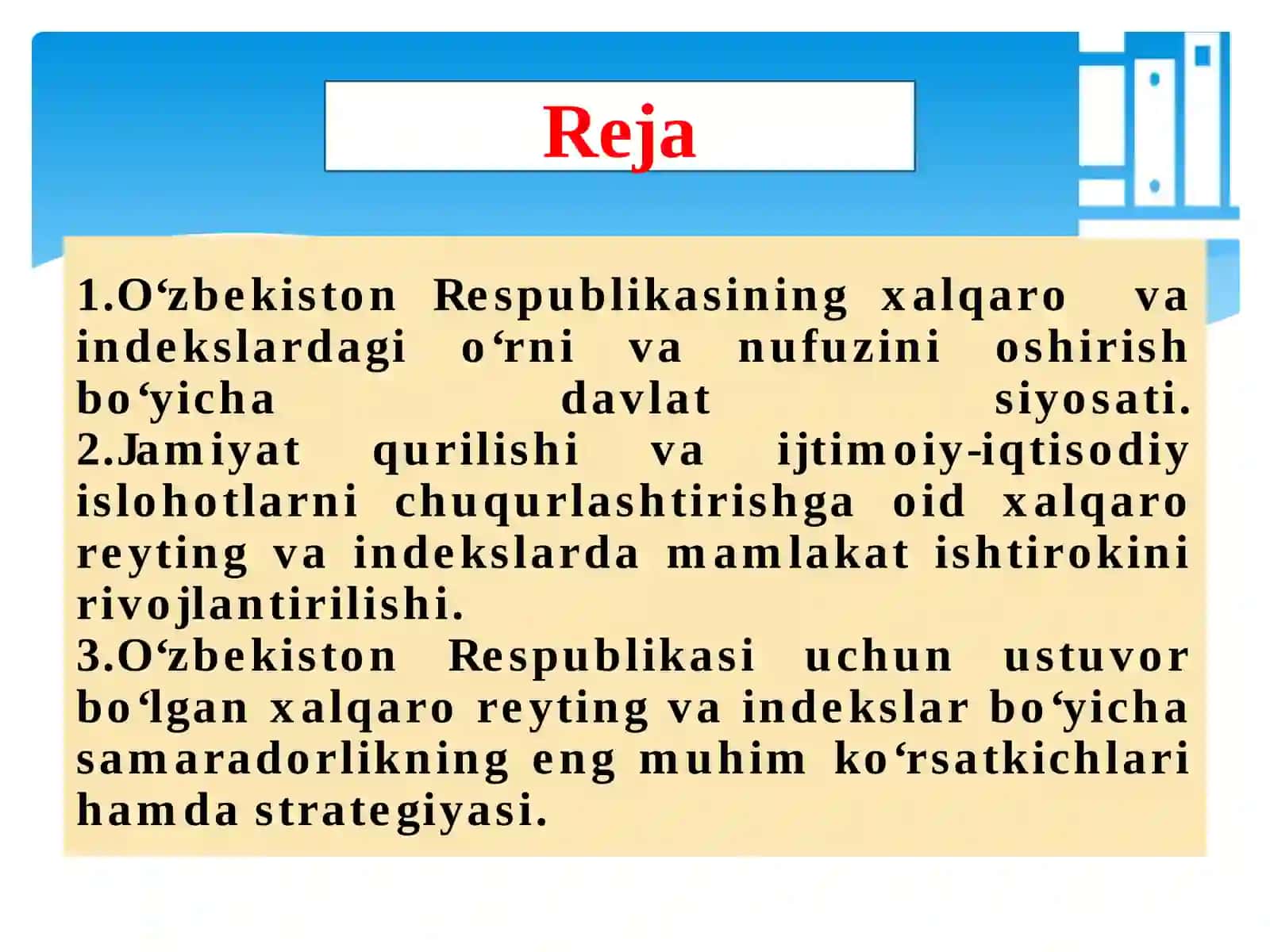 Yangi O‘zbekiston ijtimoiy-siyosiy, iqtisodiy va madaniy hayotida roʻy berayotgan oʻzgarishlarning xalqaro reyting va indekslardagi o’rni 2