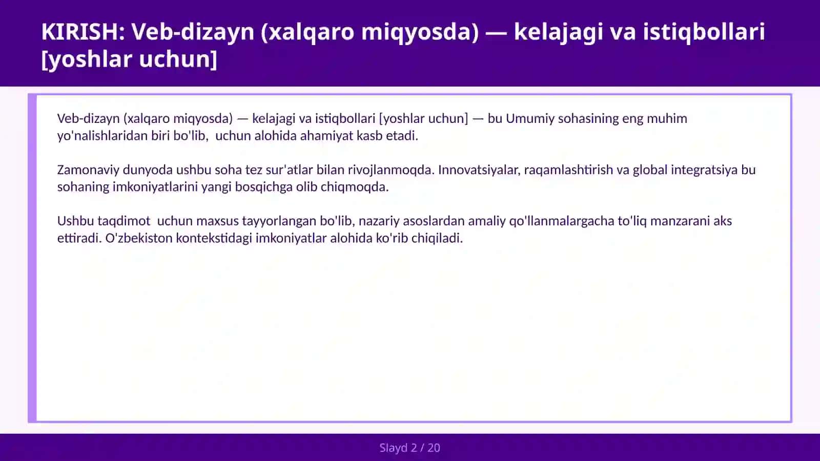 VEB-DIZAYN (XALQARO MIQYOSDA) — KELAJAGI VA ISTIQBOLLARI [YOSHLAR UCHUN] 2