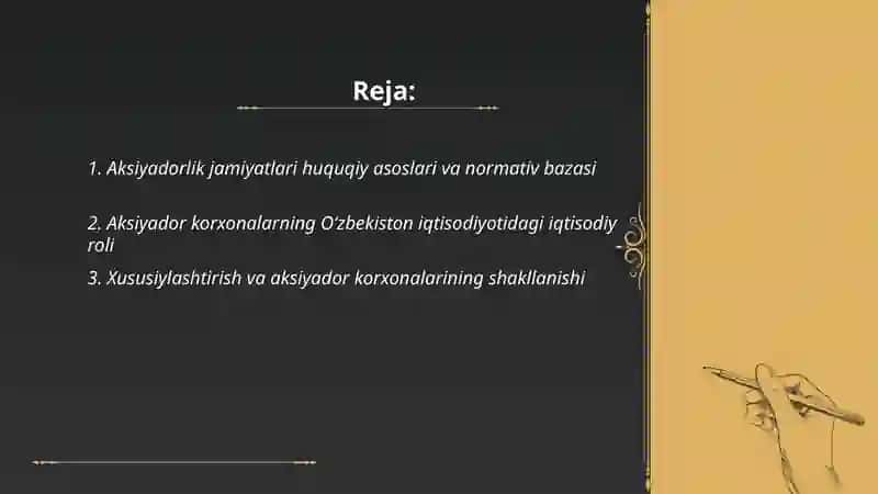Aksiyadorlik jamiyatlari huquqiy asoslari Oʻzbekiston Respublikasi Konstitutsiyasi, Fuqarolik kodeksi va Aksiyadorlik jamiyatlari toʻgʻrisidagi qonun bilan belgilanadi. 2