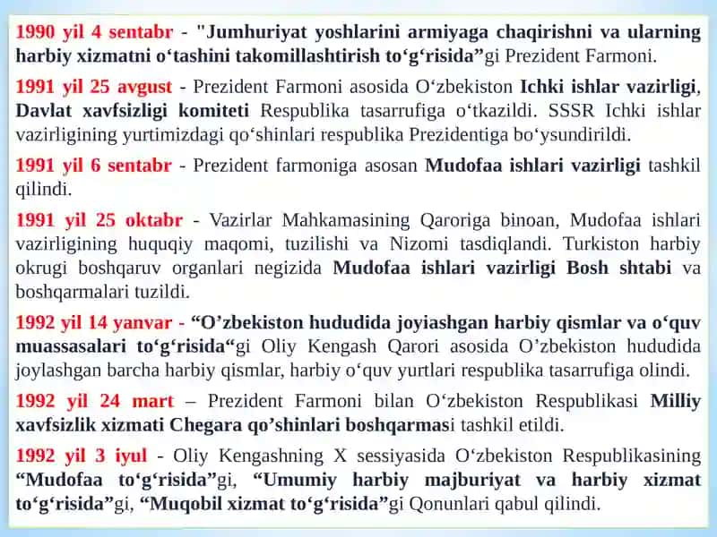 O’zbekistonda qurolli kuchlar, ichki ishlar va davlat xavfsizlik, favqulotda vaziyatlar xizmatlari tizimidagi islohotlar 2