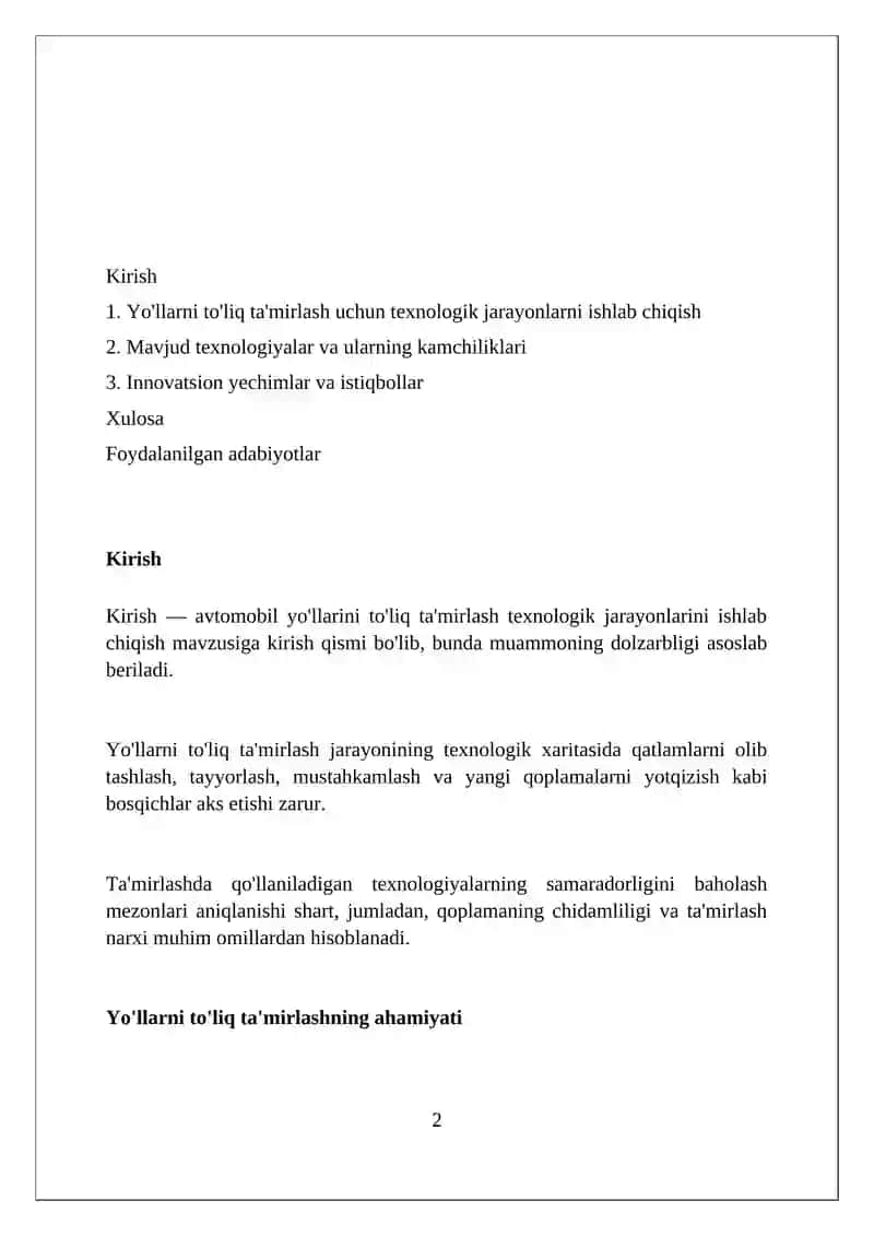 Avtomobil yolini mukammal ta'mirlash ishlarining texnologik jarayonlarini ishlab chiqishi 2