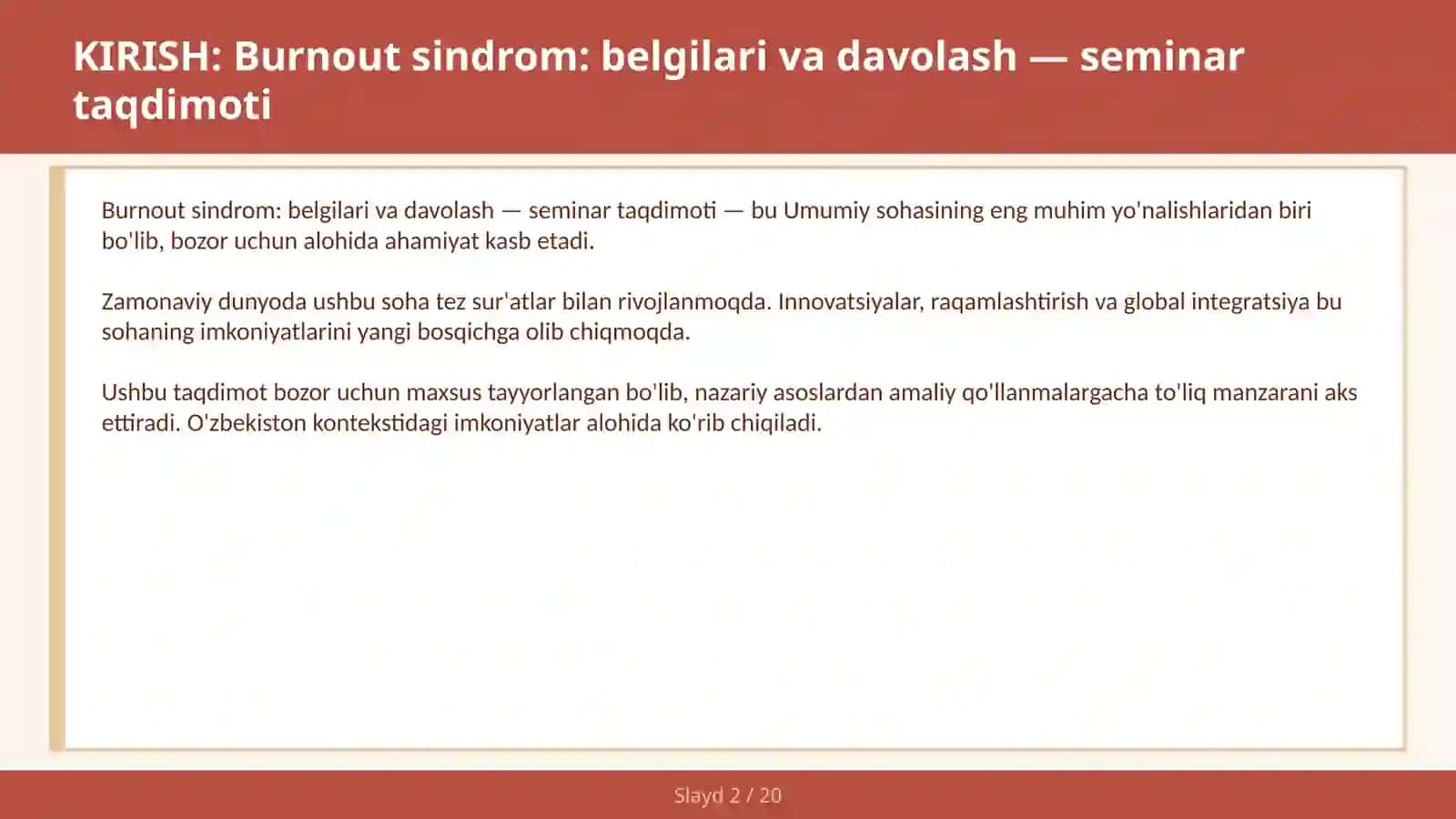 Burnout sindrom: belgilari va davolash — seminar taqdimoti 2