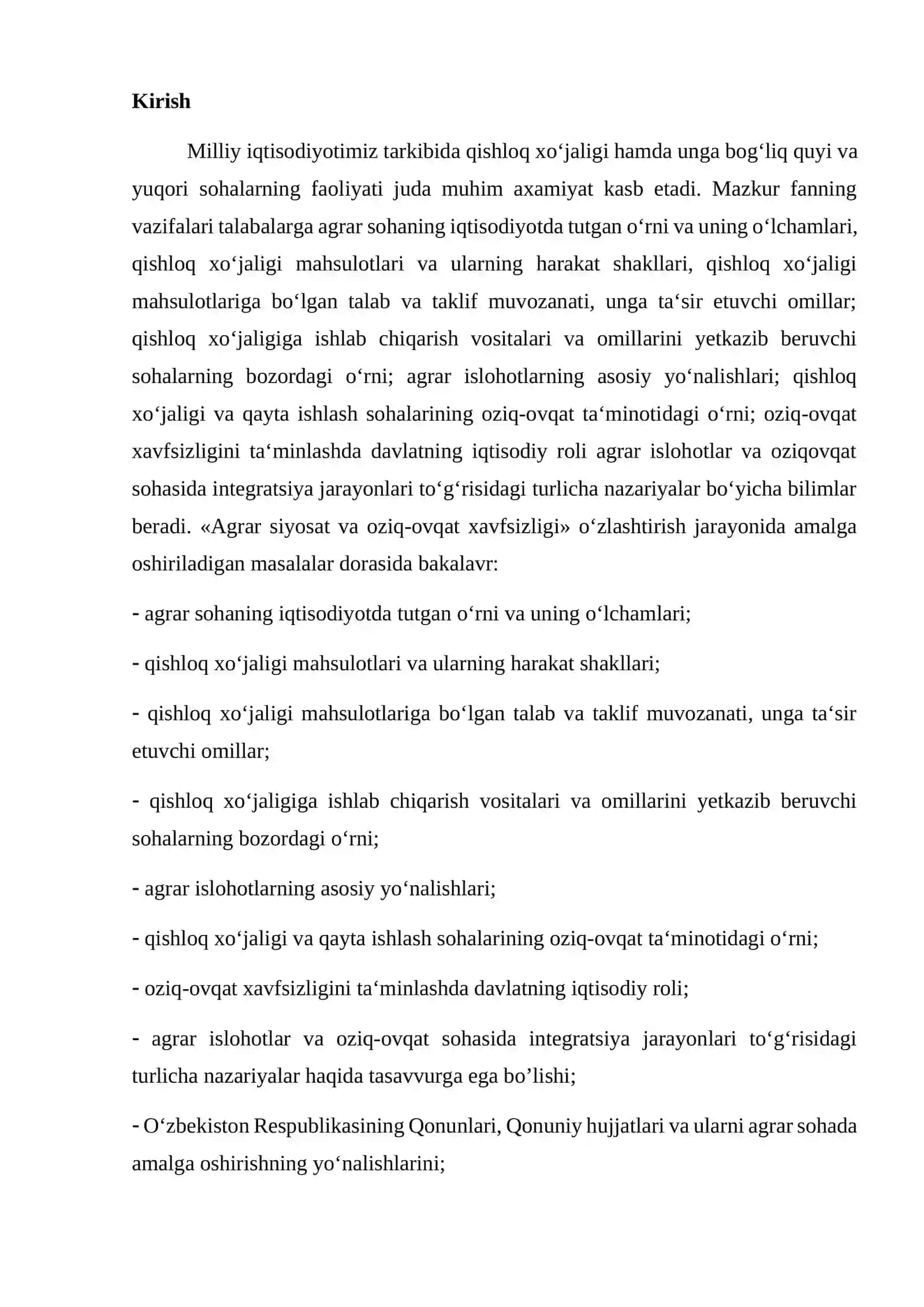 O’zbekiston Respublikasi agrar siyosatining moxiyati va asosiy yo’nalishlari 2