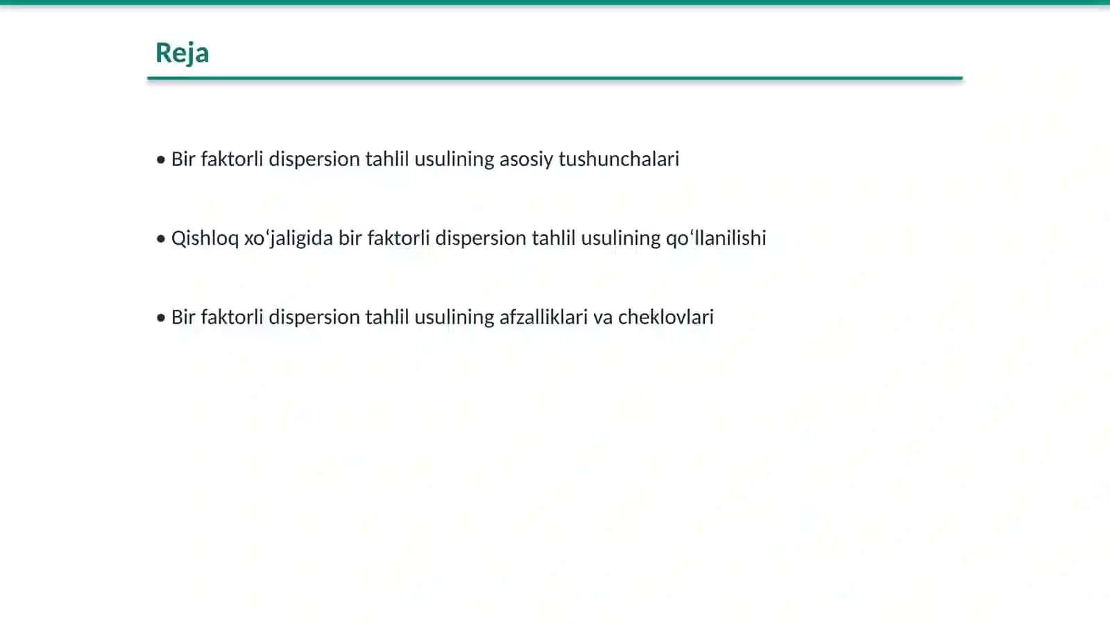 Bir faktorli dispersion tahlil usuli va uni qishloq xoʻjaligi masalalarini yechishga qoʻllanilishi 2