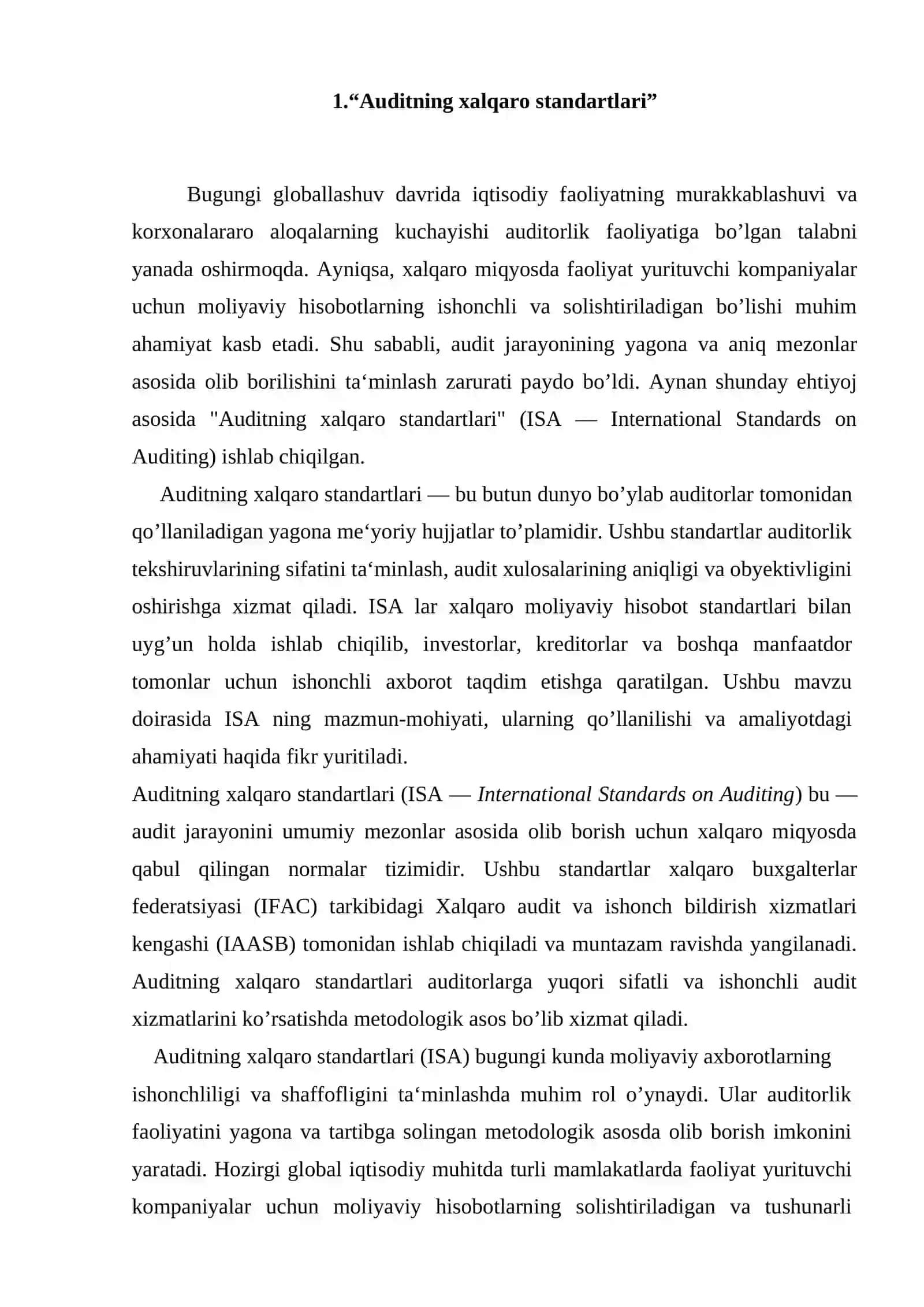 Auditning xalqaro standartrlari sinflashtirish va O'zbekiston Respublikasida qo'llash masalalari 2