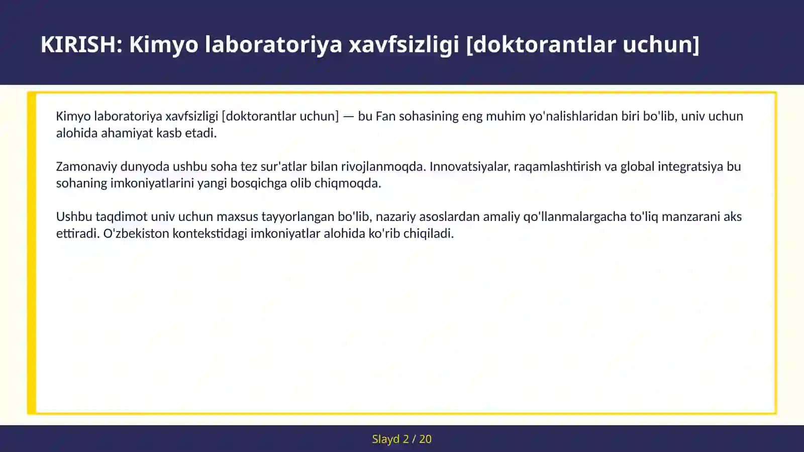 Kimyo laboratoriya xavfsizligi [doktorantlar uchun] 2