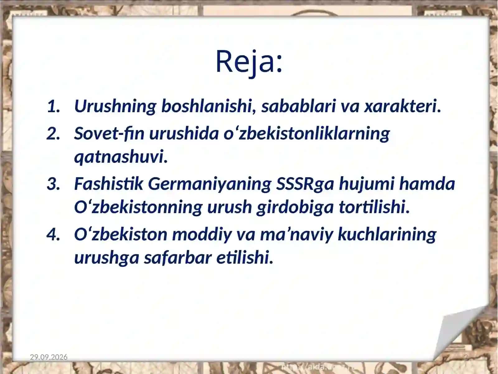 Ikkinchi jahon urushining boshlanishi hamda O‘zbekistonning urush girdobiga tortilishi 2