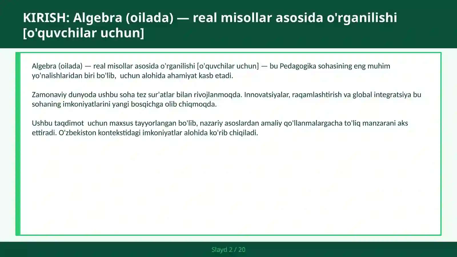 Algebra (Oilada) - Real Misollar Asosida O'rganilishi [O'quvchilar Uchun] 2