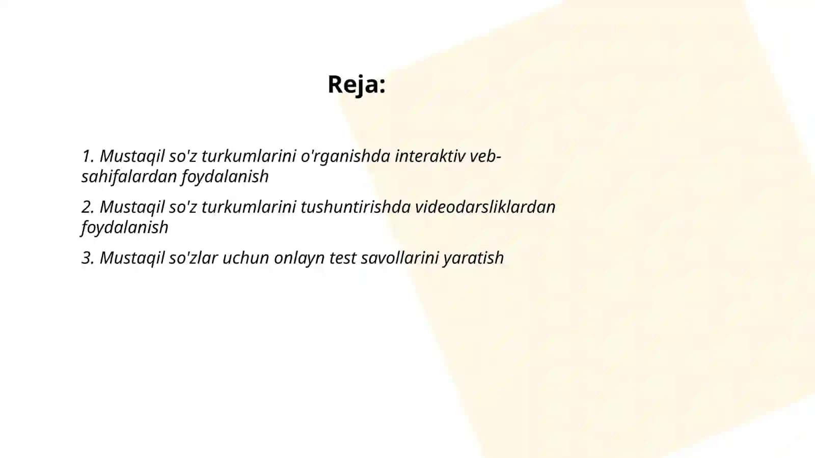 MUSTAQIL SO'Z TURKUMLARI FANI YUZASIDAN ZAMONAVIY TEXNOLOGIYALARDAN FOYDALANGAN HOLDA TOPSHIRIQLAR TAYYORLASH 2
