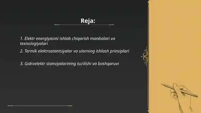 Elektr energiyasini ishlab chiqarish uzatish taqsimlash va isteʼmol qilish jarayoni 2