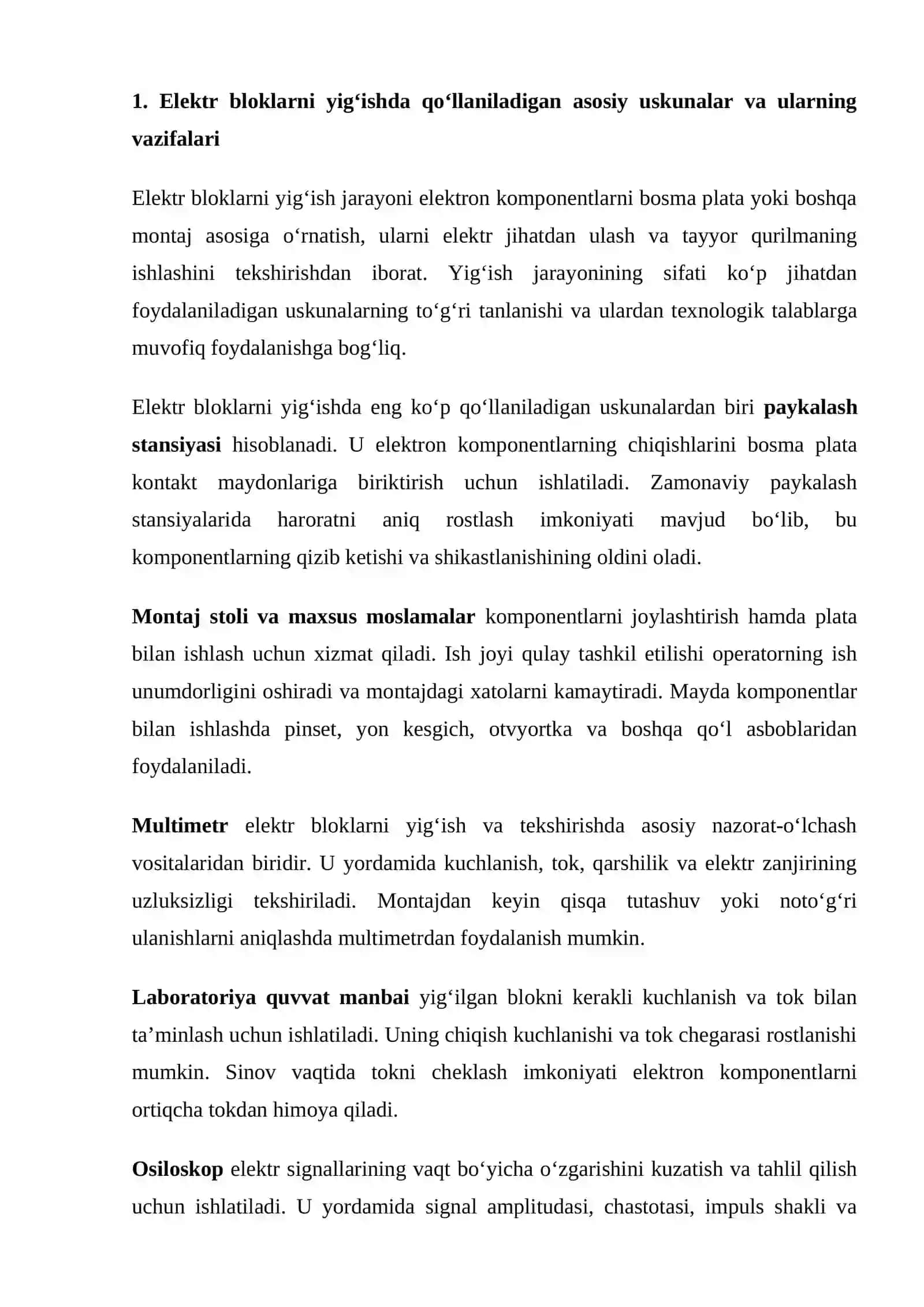 mustaqil ish Elektr bloklarni yig‘ishda qo‘llaniladigan uskunalar va texnologiyalarni tahlil qilish. 2
