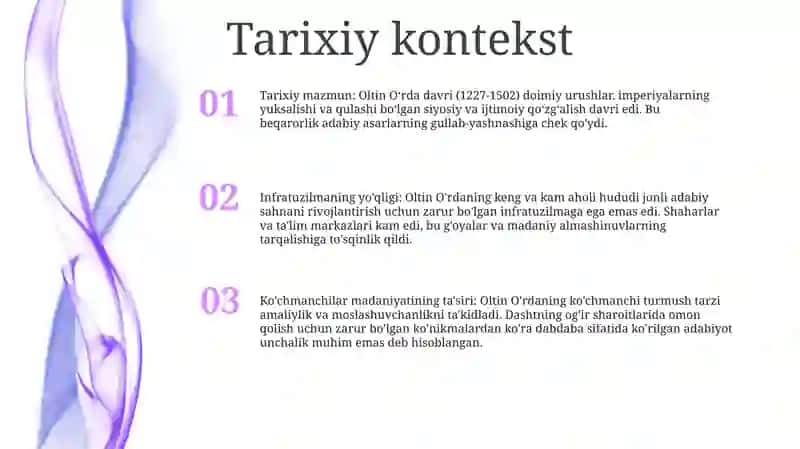 Oltin O‘Rda Adabiy Muhitida Juda Kam Miqdorda Adabiy - Badiiy Asarlar Yuzaga Kelganligining Sabablari 2