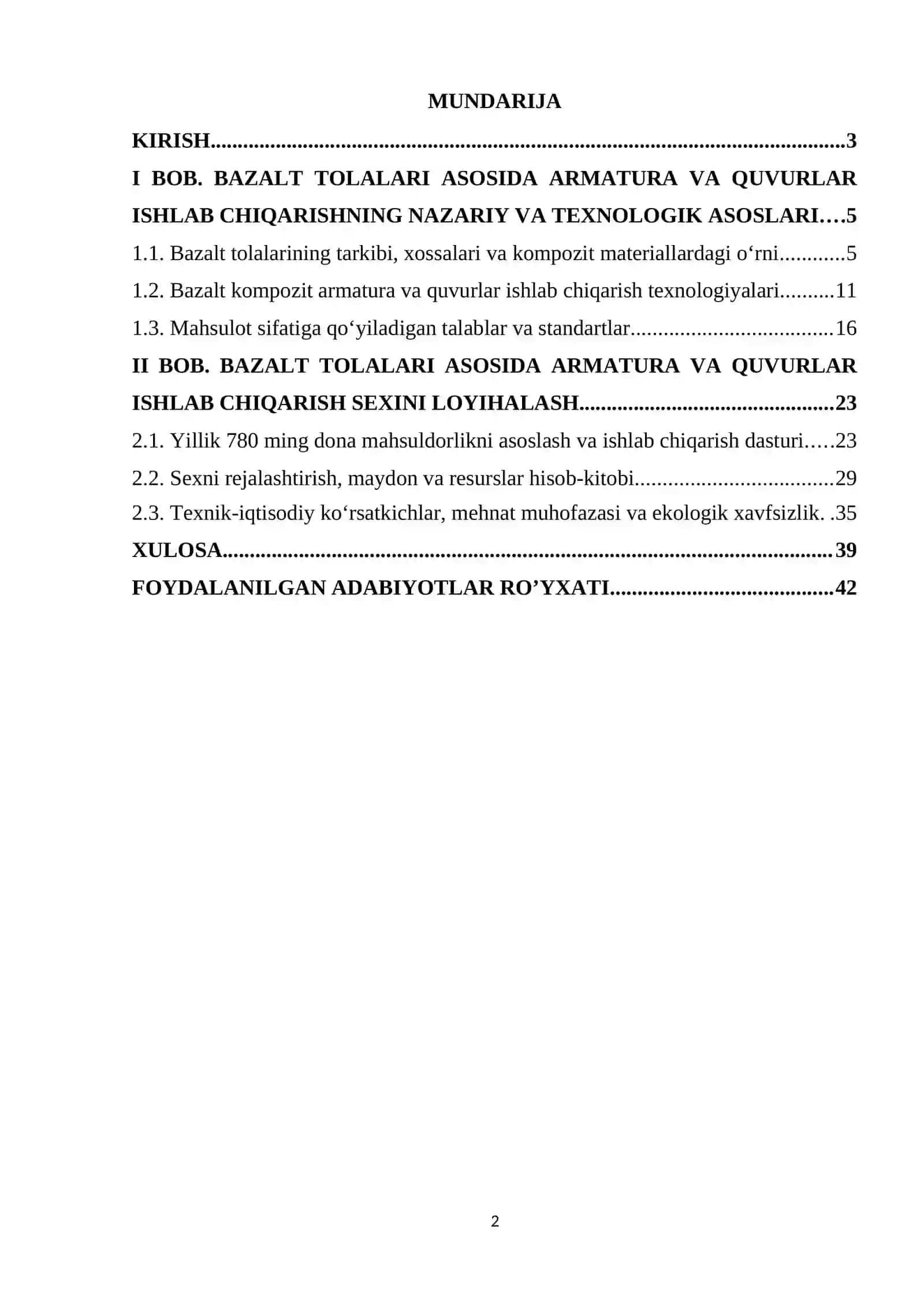 Bazalt tolalari asosida armatura va qovurlar ishlab chiqarish sehini loyihalash. Mahsuldorligi yiliga 780ming dona 2