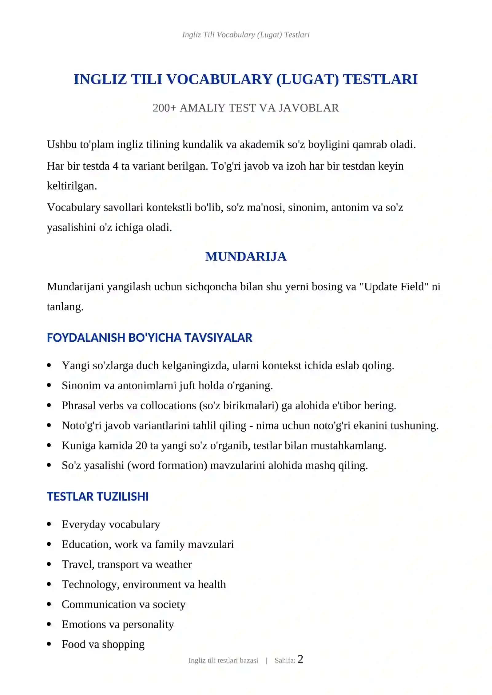 INGLIZ TILI VOCABULARY (LUGAT) TESTLARI 2