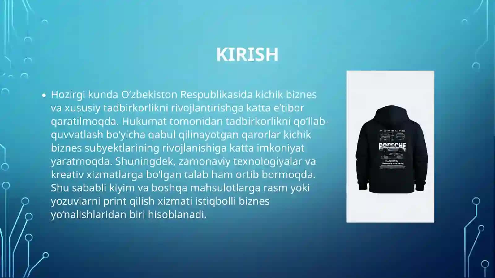 "Kiyim va boshqa yuzalarga print tushurish" mavzusida biznes reja taqdimoti 2