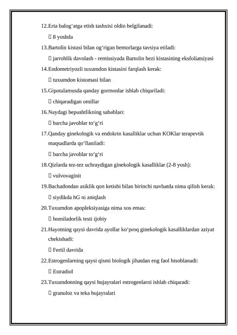 Bolalar va oʻsmir qizlar ginekologiyasi mutaxassisligi boʻyicha shakllantirilgan test savollari roʻyxati 2