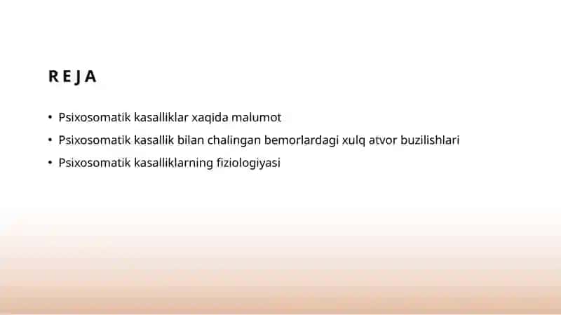 Psixosomatik kasalliklar bilan kasallangan bemorlarning xulq atvor buzilishlar. Psixosomatik kasalliklarning fiziologiyasi 2