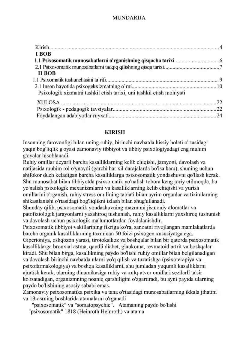 Psixosomatika tushunchasini psixologik xizmatda tutgan o'rni. 2