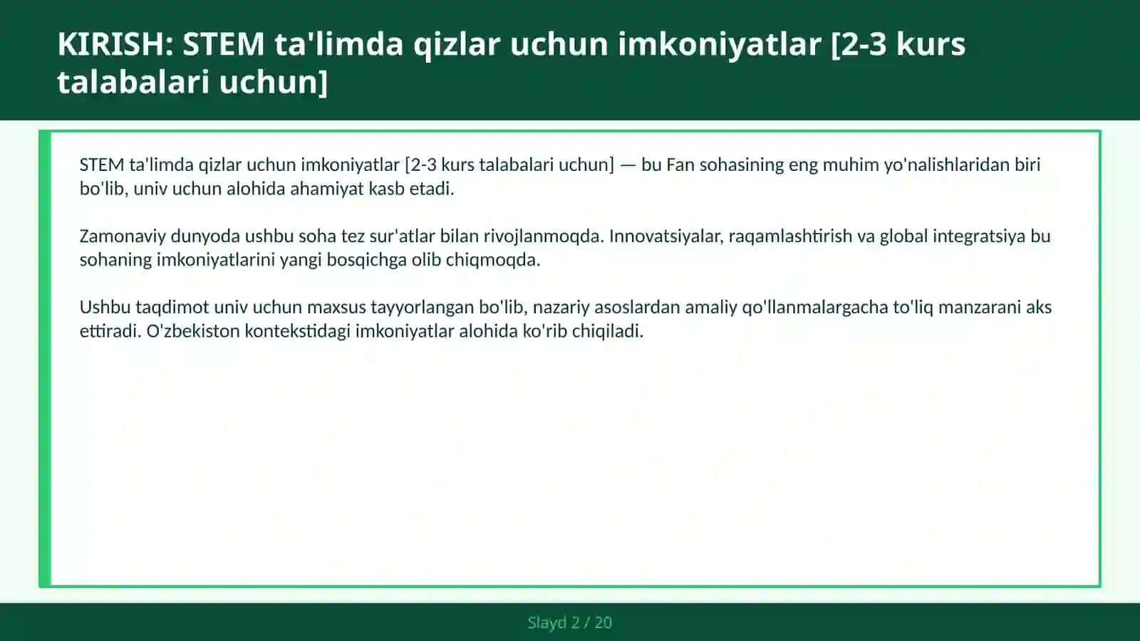 STEM ta'limda qizlar uchun imkoniyatlar [2-3 kurs talabalari uchun] 2