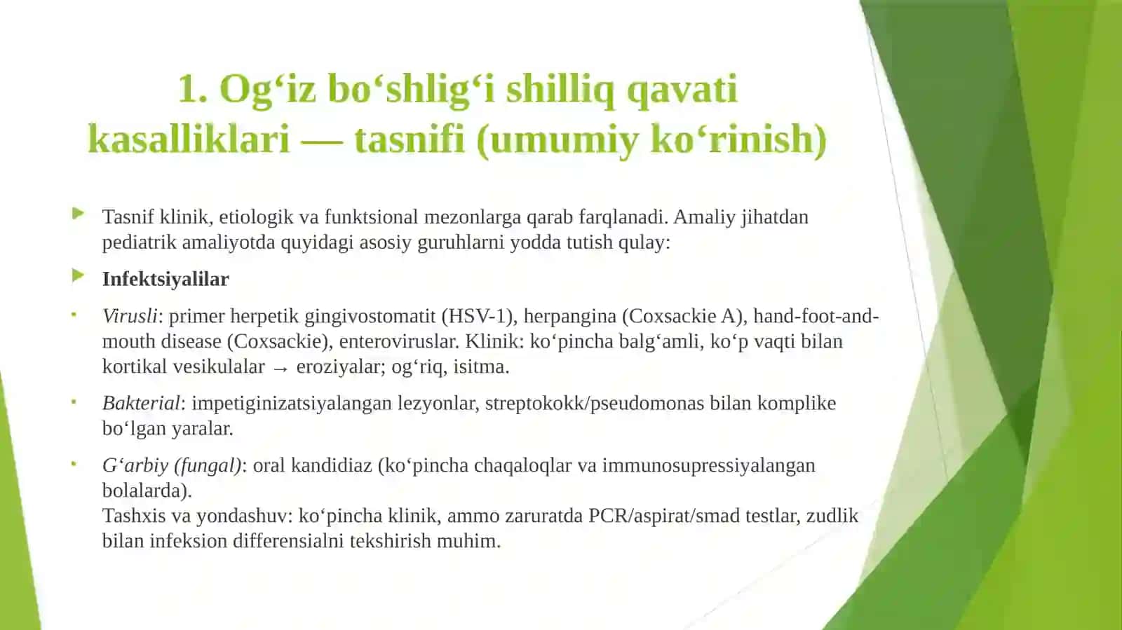 Bolalarda og’iz bo’shlig’i shilliq qavati kasalliklari tasnifi. Bolalar yoshida og’iz bo’shlig’I shilliq qavatining travmatik shikastlanishlari (dekubital yaralar, Bednar aftasi) klinik kechishi, tashxisi, davosi. 2